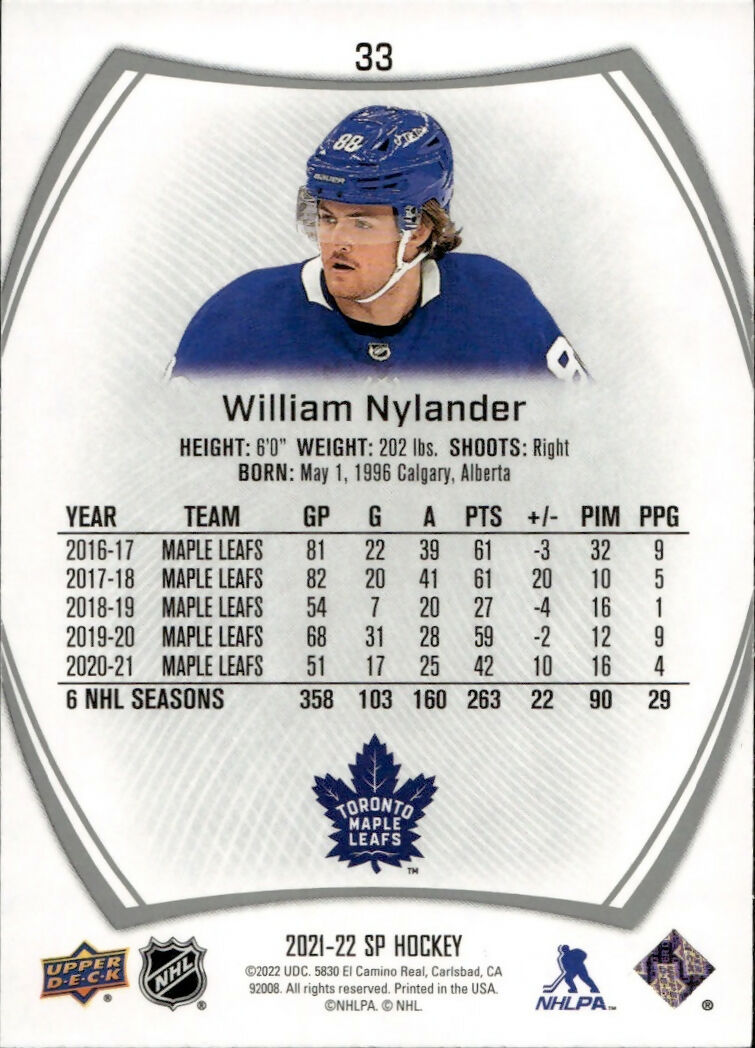 2021-22 Upper Deck SP Authentic Hockey - Base #33 William Nylander - Toronto Maple Leafs - B