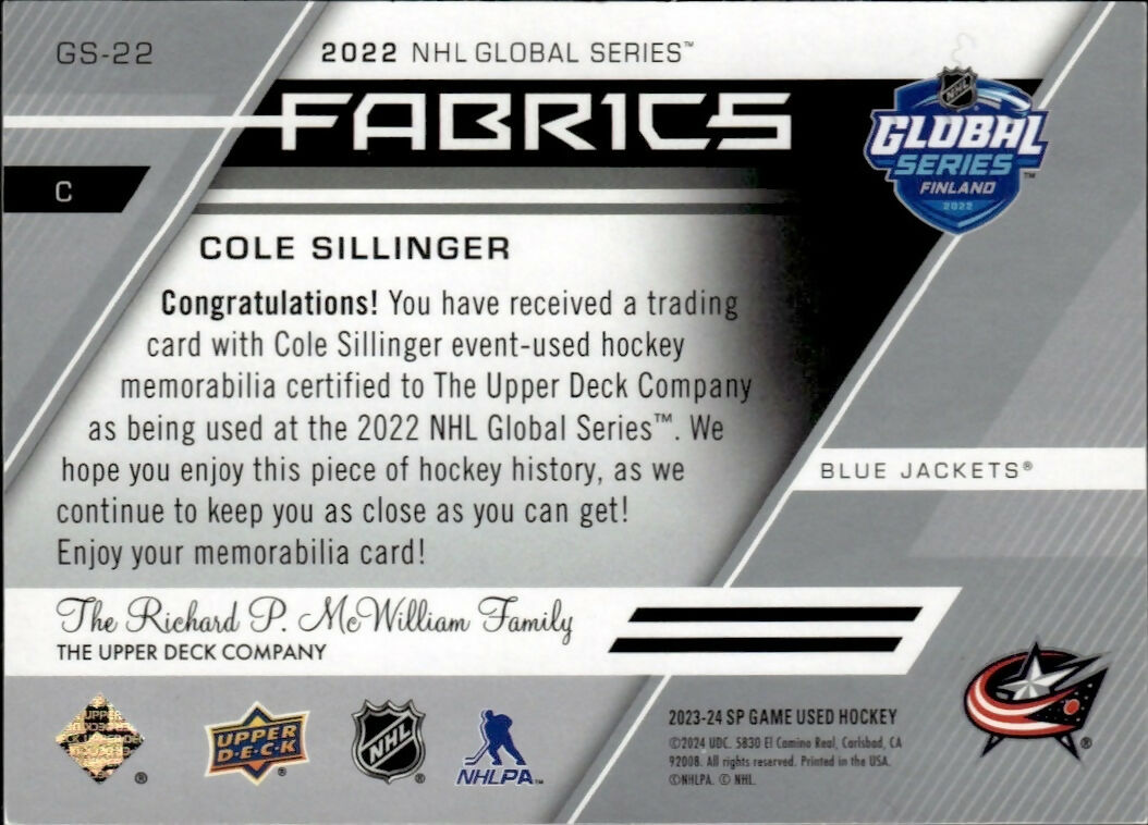 2023-24 Upper Deck SP Game Used Hockey - Fabrics - Global Series #GS-22 Cole Sillinger - Columbus Blue Jackets - B