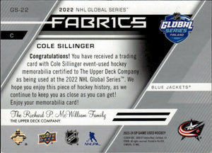 2023-24 Upper Deck SP Game Used Hockey - Fabrics - Global Series #GS-22 Cole Sillinger - Columbus Blue Jackets - B