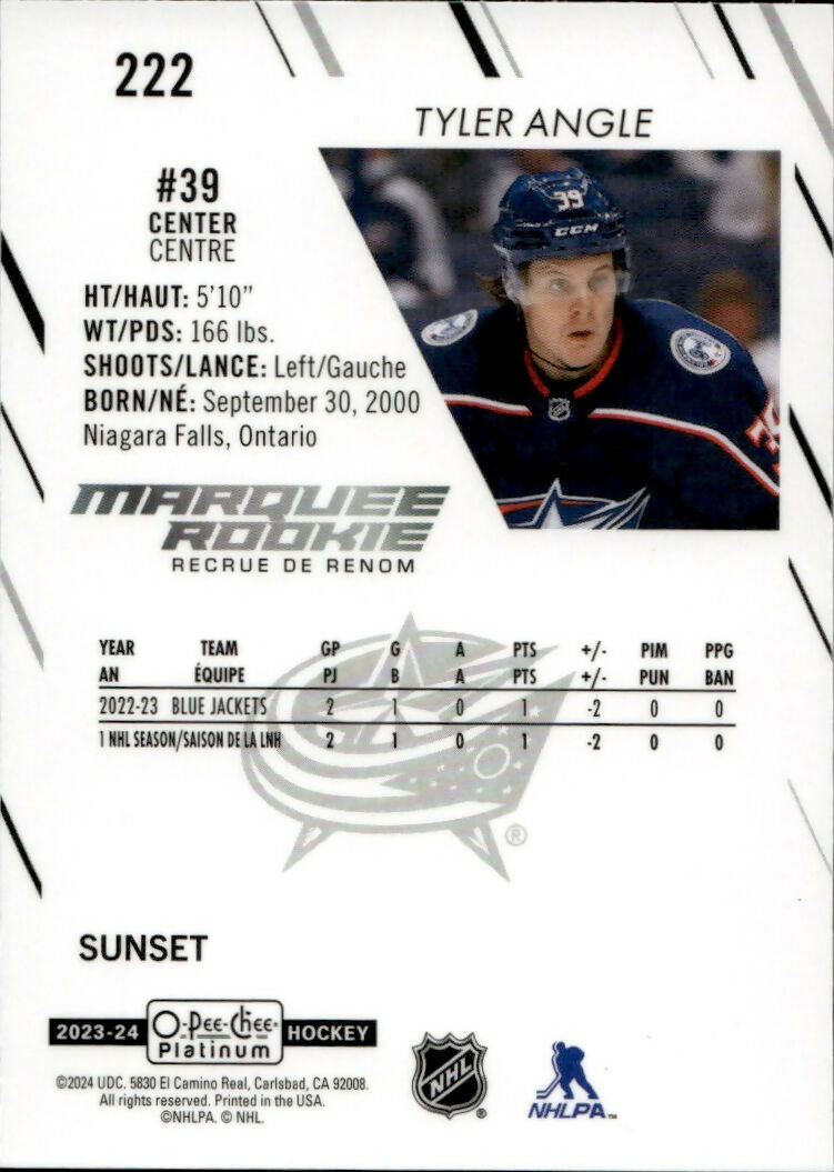 2023-24 Upper Deck O-Pee Chee Platinum Hockey - Base - Marquee Rookie - Sunset #222 Tyler Angle - Columbus Blue Jackets - B