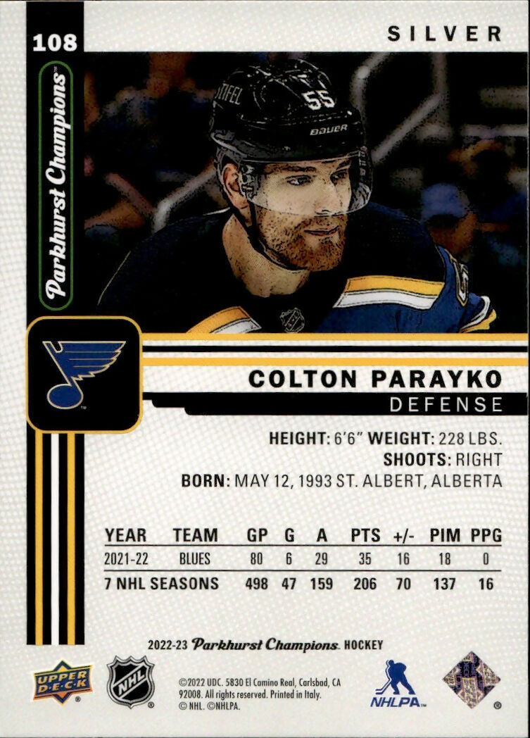 2022-23 Upper Deck Parkhurst Champions - Base - Silver #108 Colton Parayko - St Louis Blues - B