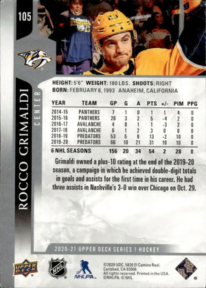 2020-21 Upper Deck Series 1 Hockey #105 Rocco Grimaldi - Nashville Predators