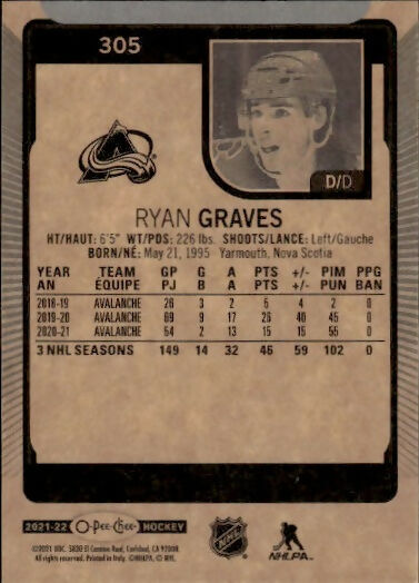 2021-22 Upper Deck O-Pee-Chee Hockey - Base #305 Ryan Graves - Colorado Avalanche