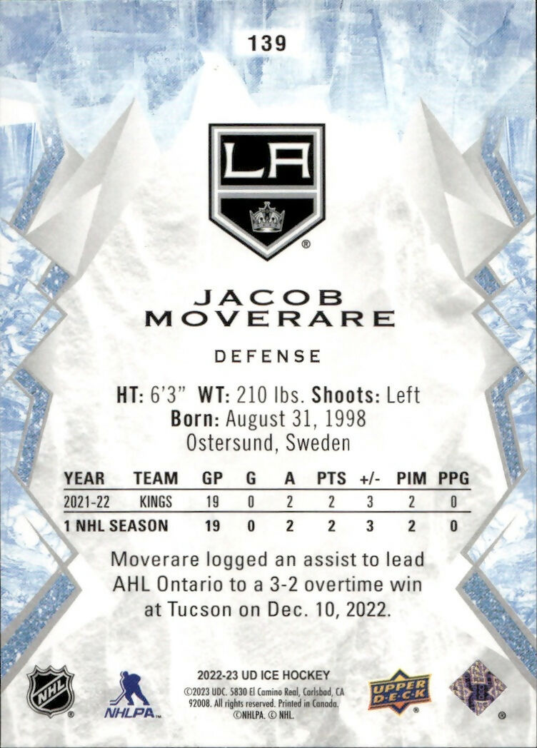 2022-23 Upper Deck Ice Hockey - Base - Rookie - Green #139 Jacob Moverare - Los Angeles Kings - B