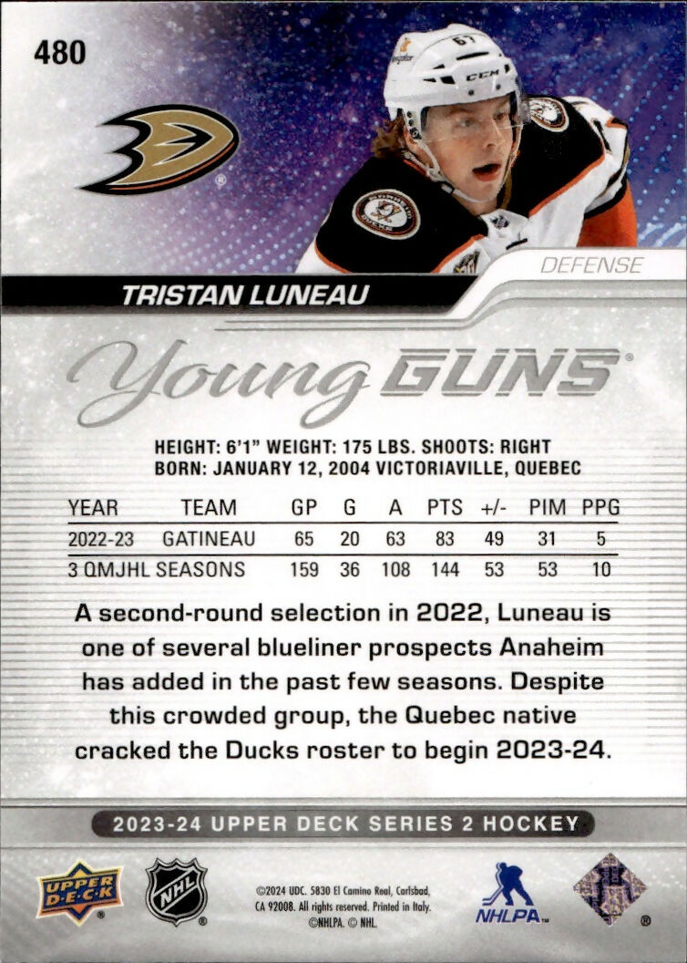 2023-24 Upper Deck Series 2 Hockey - Base - Young Guns #480 Tristan Luneau - Anaheim Ducks - B