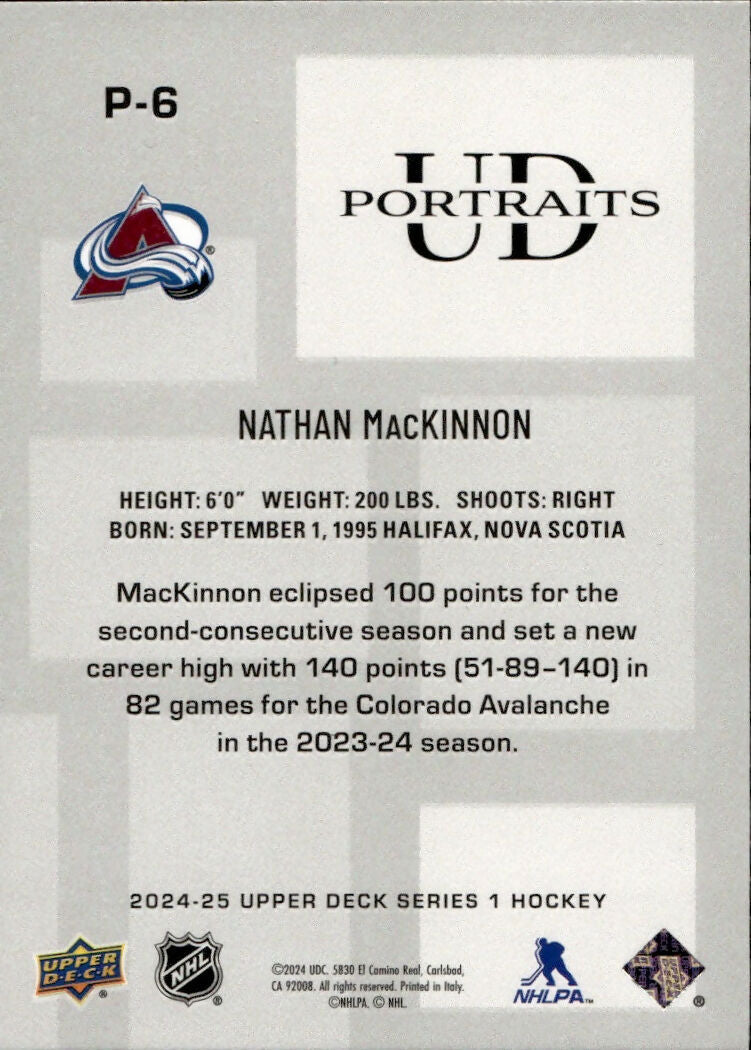 2024-25 Upper Deck Series 1 Hockey - UD Portraits #P-6 Nathan MacKinnon - Colorado Avalanche - B