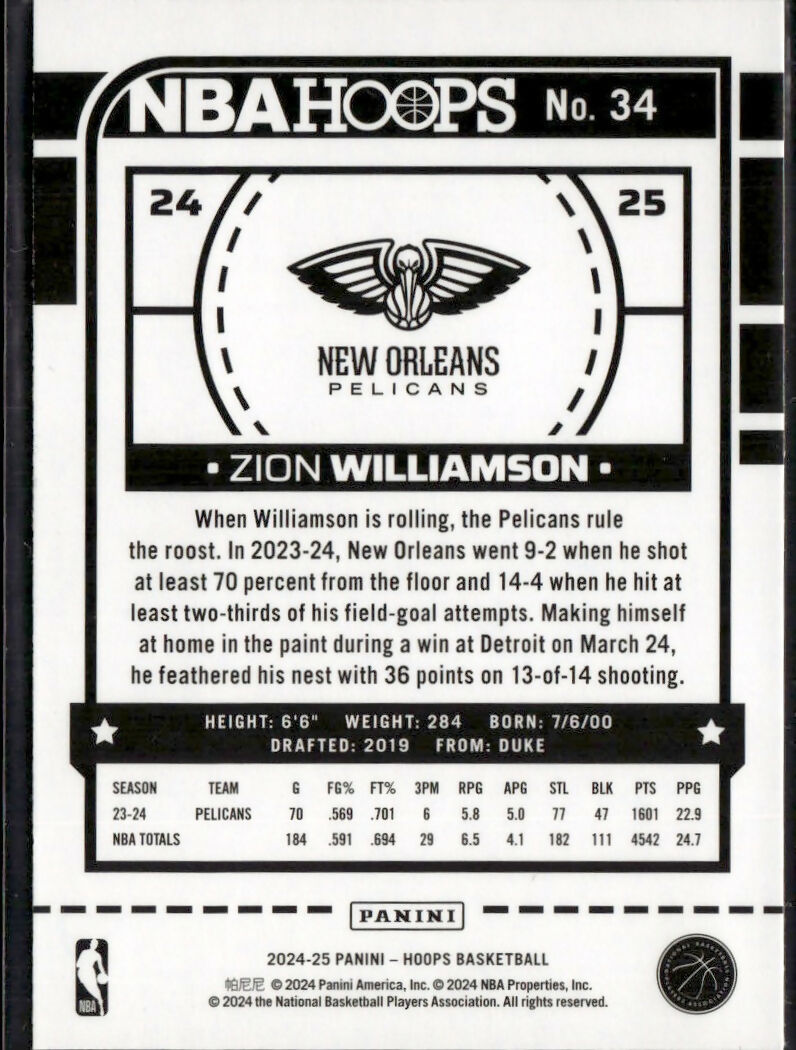 2024-25 Hoops Neon Green Flood #34 Zion Williamson New Orleans Pelicans