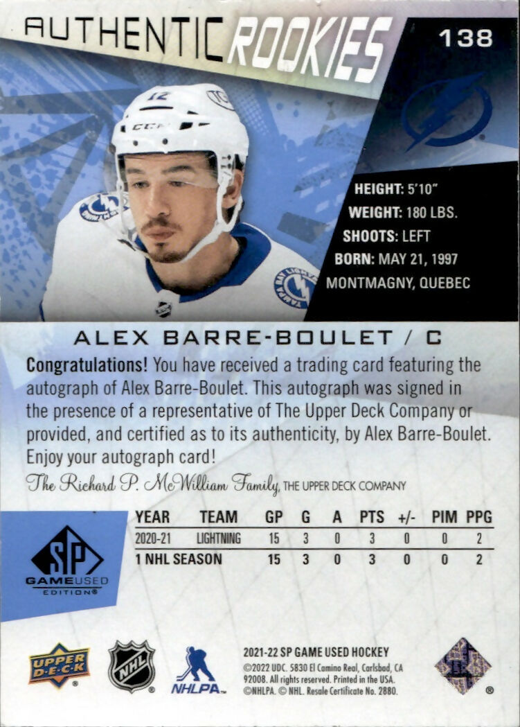 2021-22 Upper Deck SP Game Used Hockey - Authentic Rookies - Auto #138 Alex Barre-Boulet - Tampa Bay Lightning - B