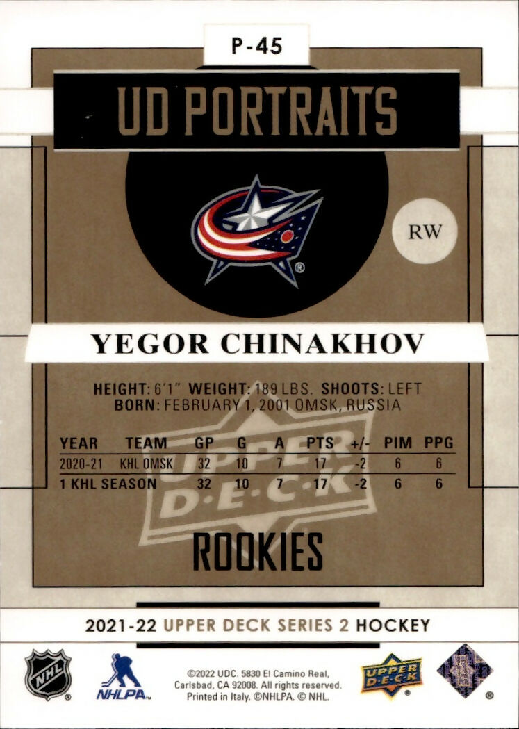 2021-22 Upper Deck Series 2 Hockey - UD Portraits :99 #P-45 Yegor Chinakhov - Columbus Blue Jackets - B