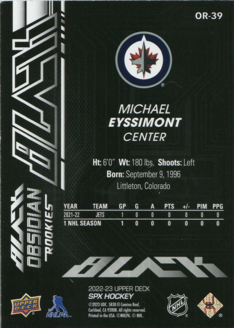 2022-23 Upper Deck SPX Hockey - Black Obsidian Rookies - Gold :99 #OR-39 Michael Eyssimont - Winnipeg Jets - B