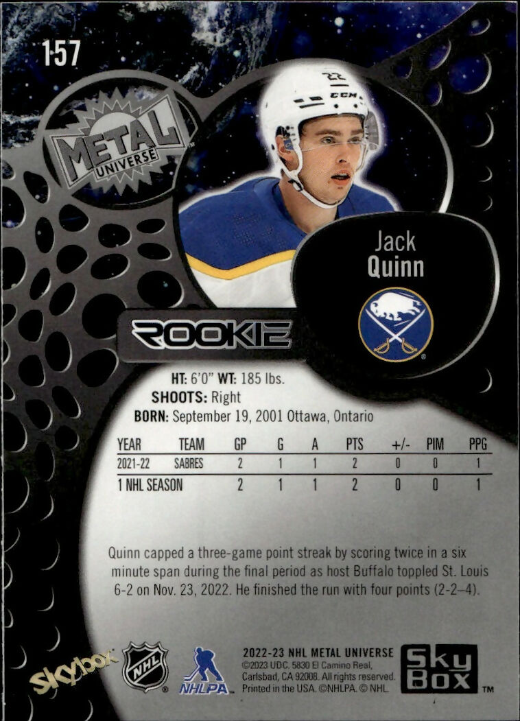 2022-23 Upper Deck Skybox Metal Universe - Base - Rookie #157 Jack Quinn - Buffalo Sabres - B