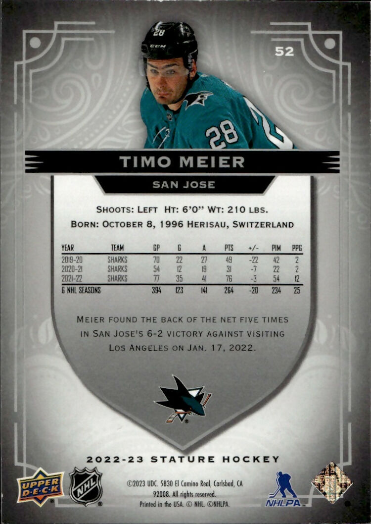 2022-23 Upper Deck Stature Hockey - Base #52 Timo Meier - San Jose Sharks - B