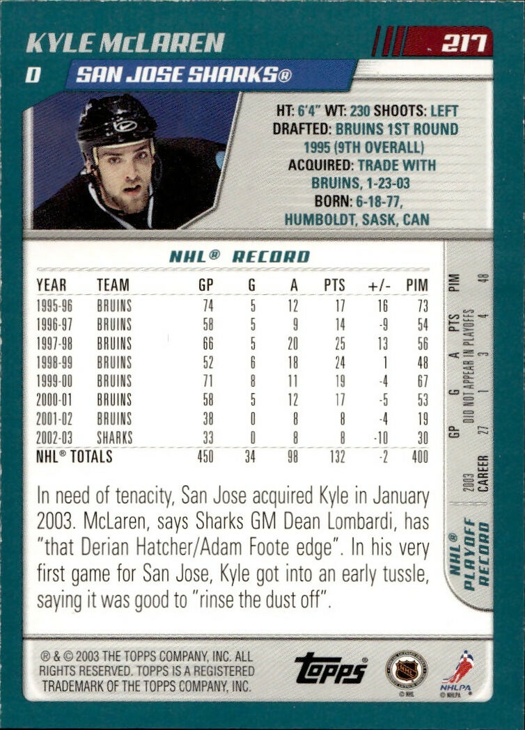 2003-04 O-Pee-Chee - Base - Gold :50 #217 Kyle McLaren - San Jose Sharks - B