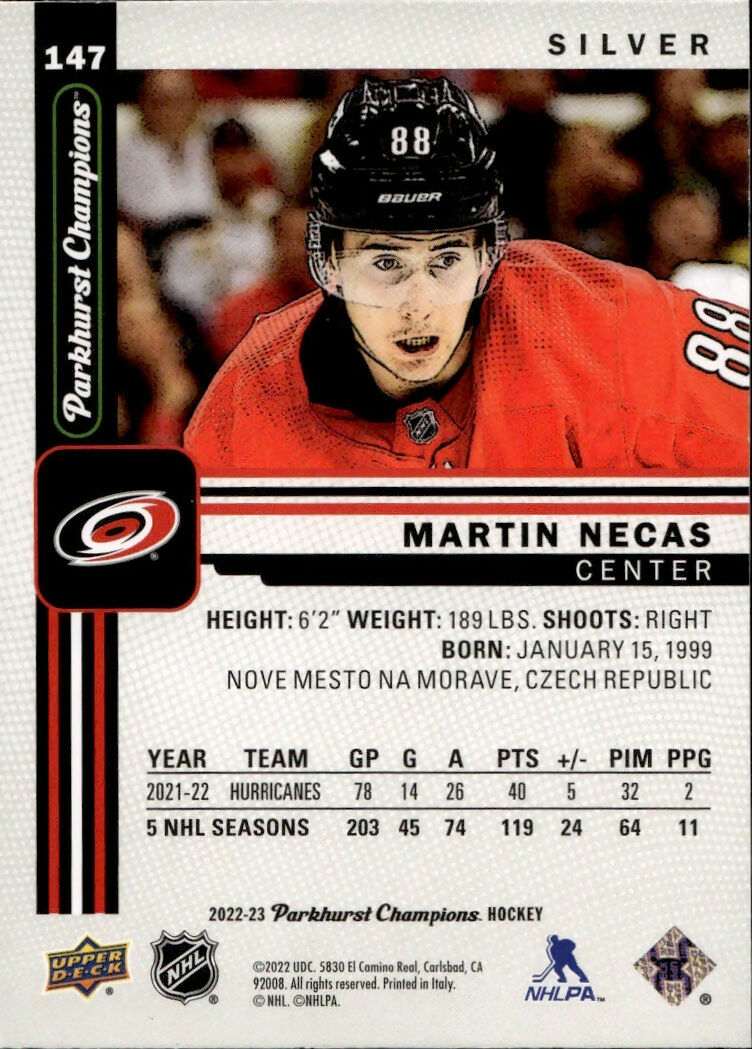 2022-23 Upper Deck Parkhurst Champions - Base - Silver #147 Martin Necas - Carolina Hurricanes - B