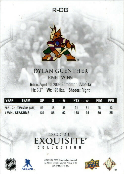 2022-23 Upper Deck Black Diamond Hockey - Exquisite Collection - Rookies :399 #R-DG Dylan Guenther - Arizona Coyotes - B