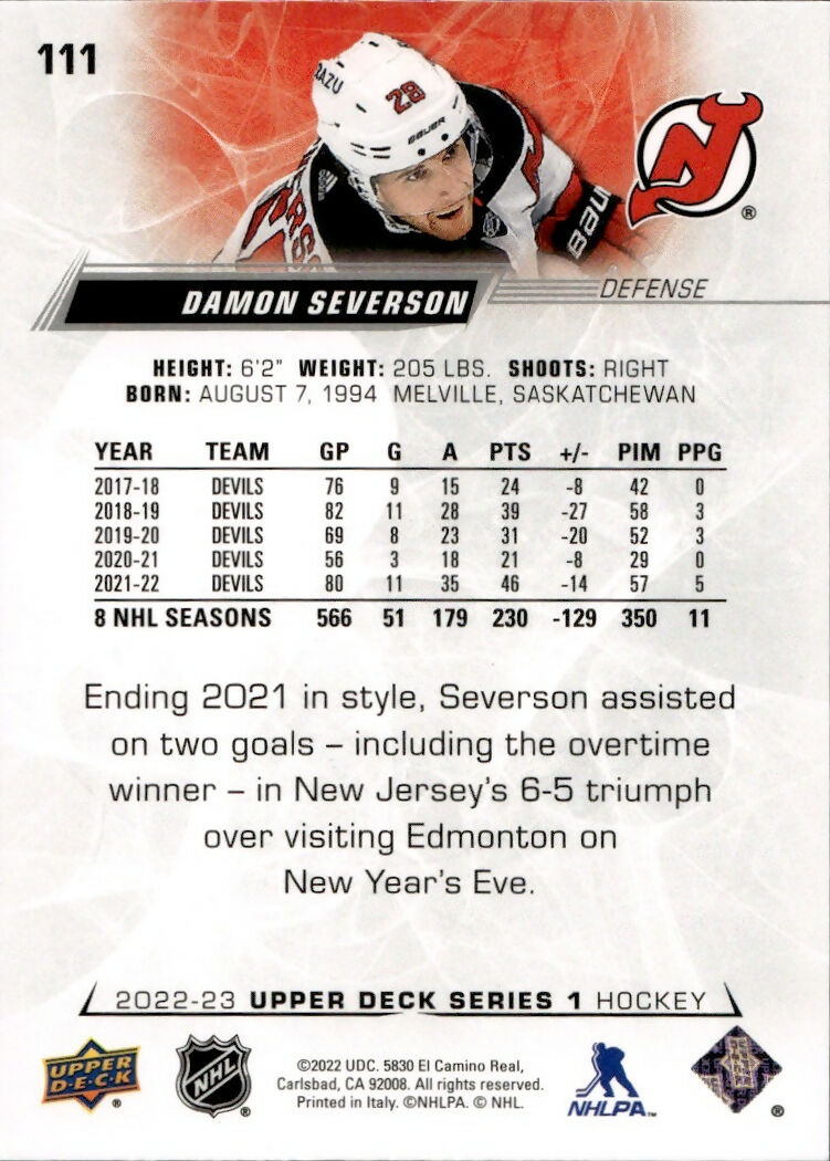 2022-23 Upper Deck Series 1 Hockey - Base #111 Damon Severson - New Jersey Devils - B