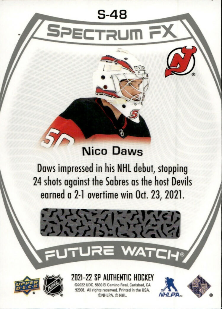 2021-22 Upper Deck SP Authentic Hockey - Spectrum FX - Tier 1 #S-48 Nico Daws - New Jersey Devils - B