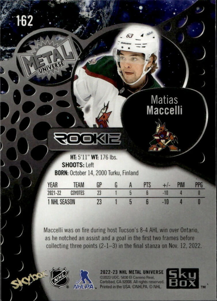 2022-23 Upper Deck Skybox Metal Universe - Base - Rookie #162 Matias Maccelli - Arizona Coyotes - B