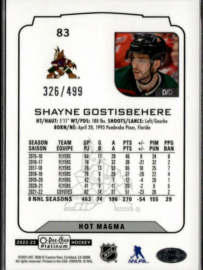 2022-23 Upper Deck O-Pee-Chee Platinum Hockey - Base - Hot Magma :499 #83 Shayne Gostisbehere - Arizona Coyotes - B
