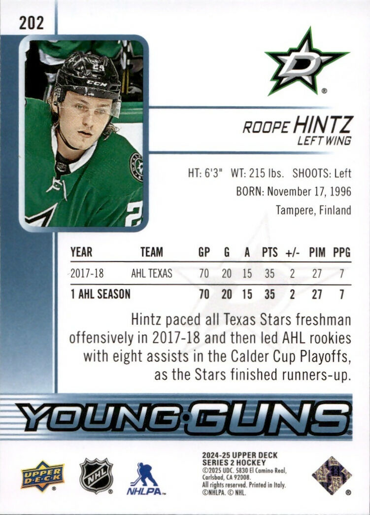 2024-25 Upper Deck Series 2 Hockey - Young Guns Renewed #202 Roope Hintz - Dallas Stars - B