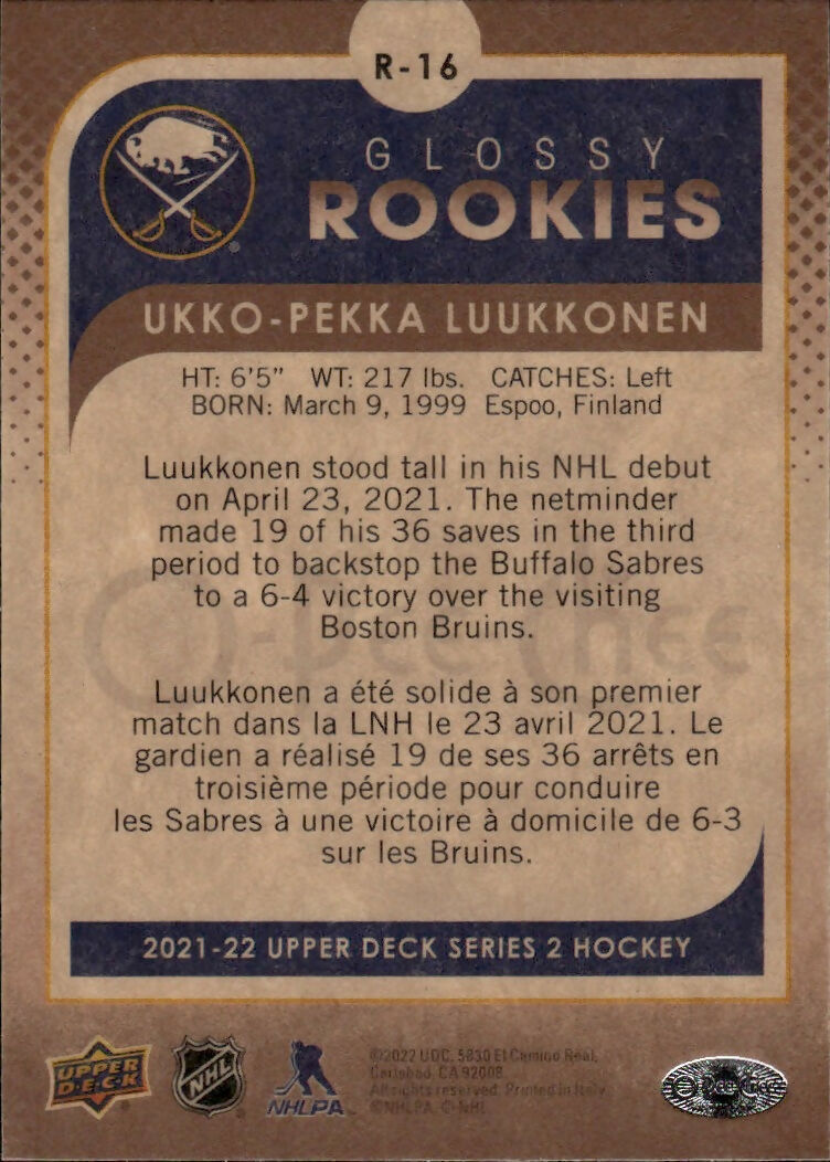 2021-22 Upper Deck Series 2 - O-Pee-Chee Update - Glossy Rookies #R-16 Ukko-Pekka Luukkonen - Buffalo Sabres - B