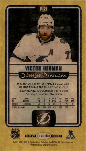 2021-22 Upper Deck O-Pee-Chee Hockey - Premier Tallboys - Yellow #P-21 Victor Hedman - Tampa Bay Lightning - B