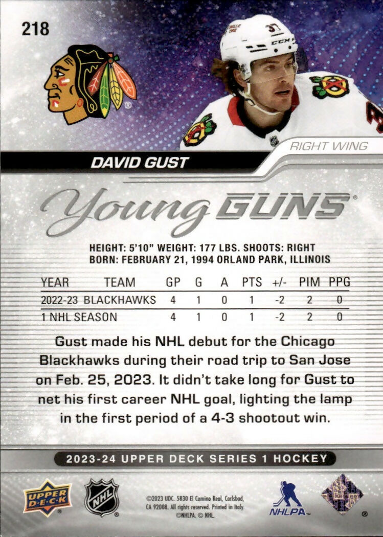 2023-24 Upper Deck Series 1 Hockey - Base - Young Guns #218 David Gust - Chicago Blackhawks