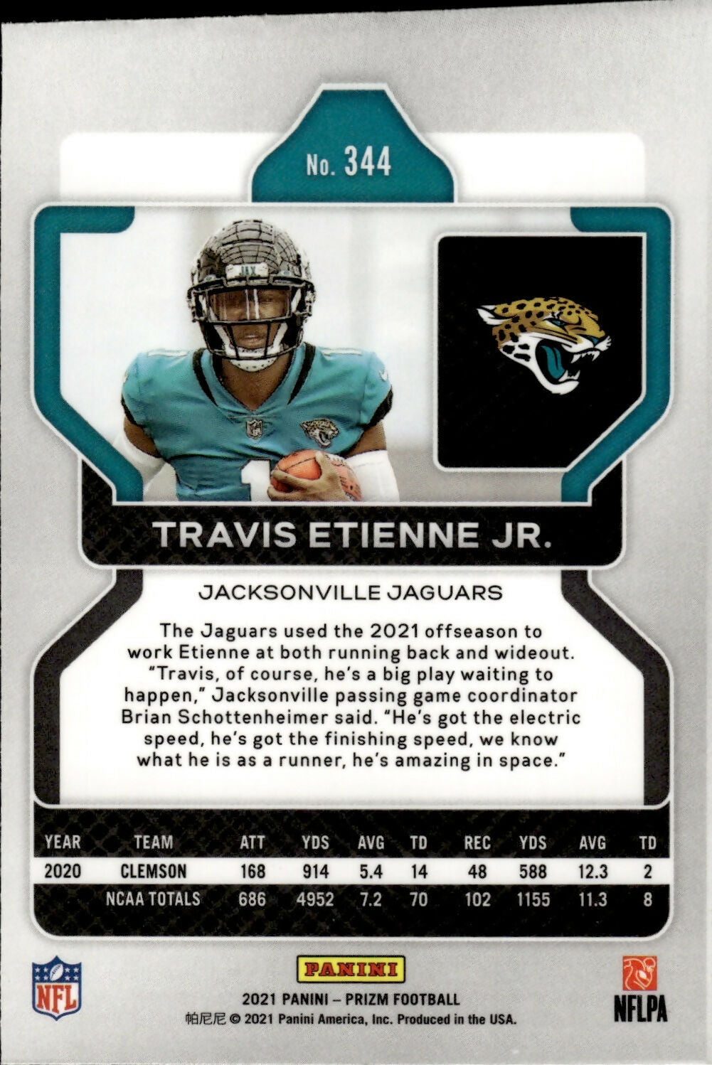 2021 Panini Prizm Football Base #344 Travis Etienne Jr. RC Jacksonville Jaguars - B