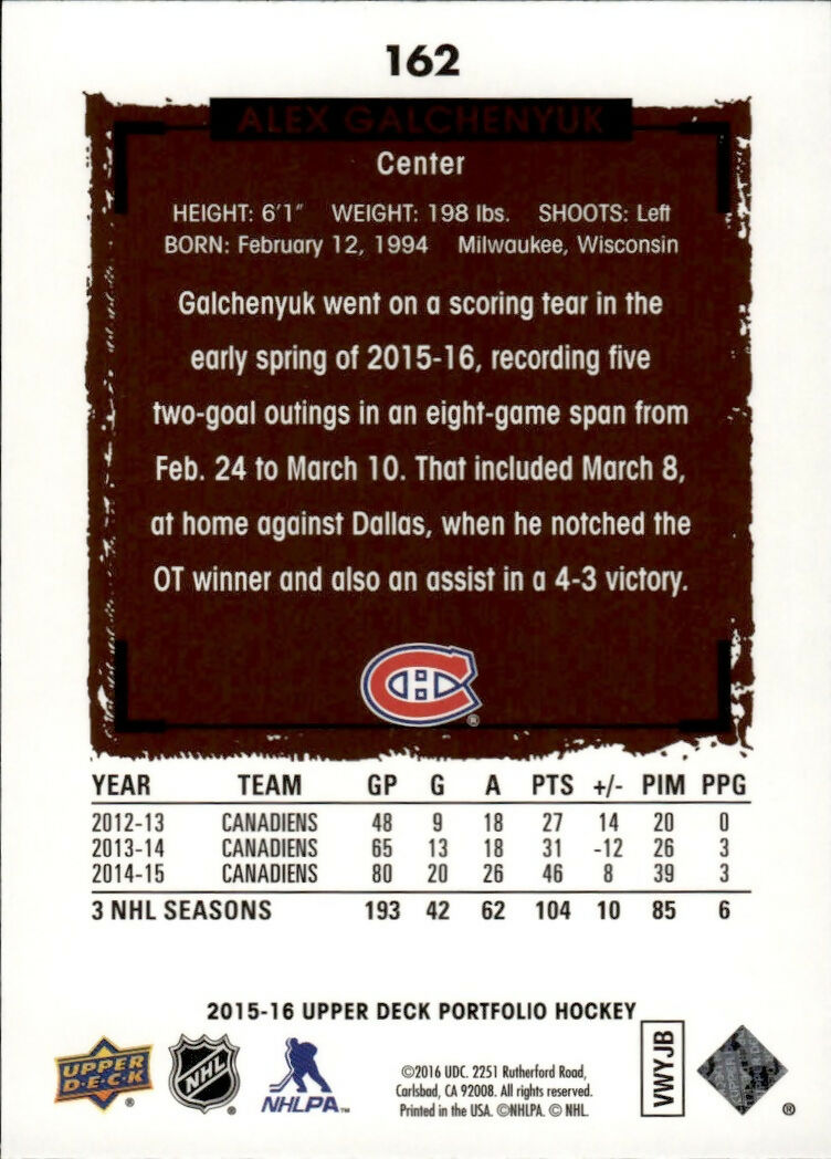 2015-16 Upper Deck Portfolio Hockey - Base #162 Alex Galchenyuk - Montreal Canadiens