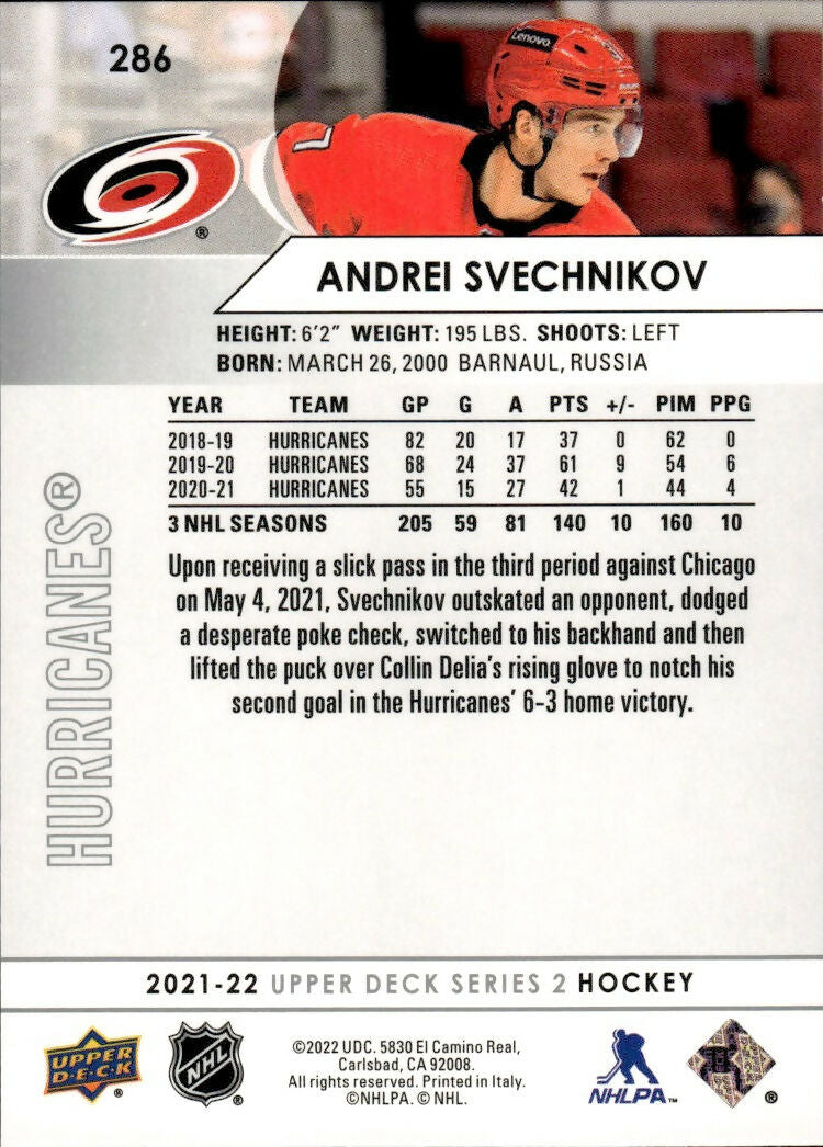 2021-22 Upper Deck Series 2 Hockey - Base #286 Andrei Svechnikov - Carolina Hurricanes - B