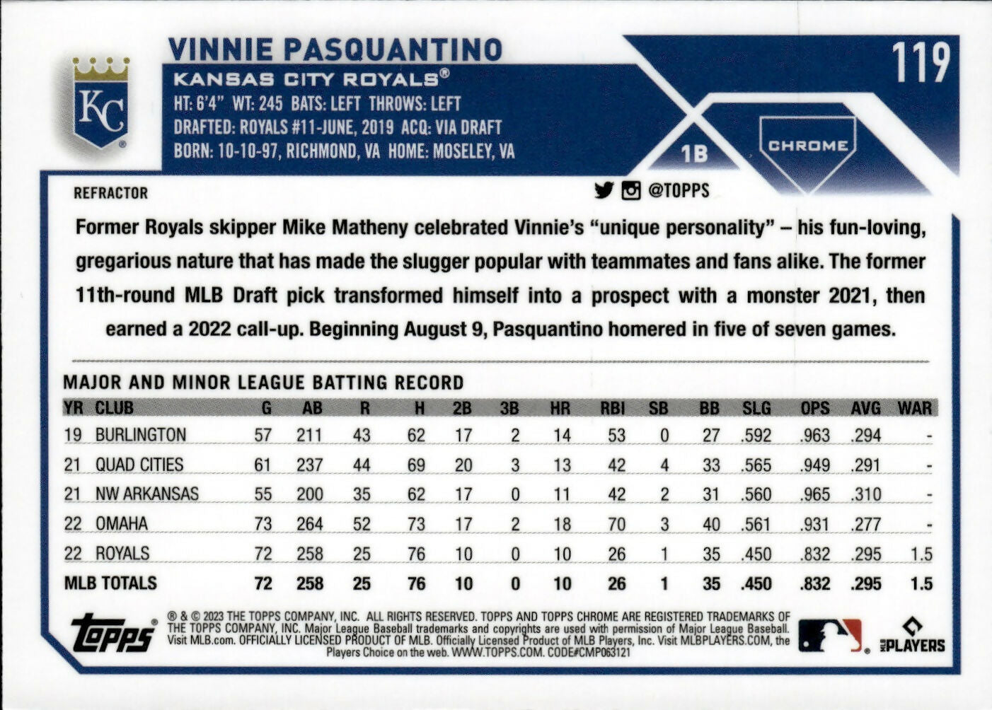 2023 Topps Chrome Baseball - [Base] - Refractor #119 Vinnie Pasquantino - Kansas City Royals - B