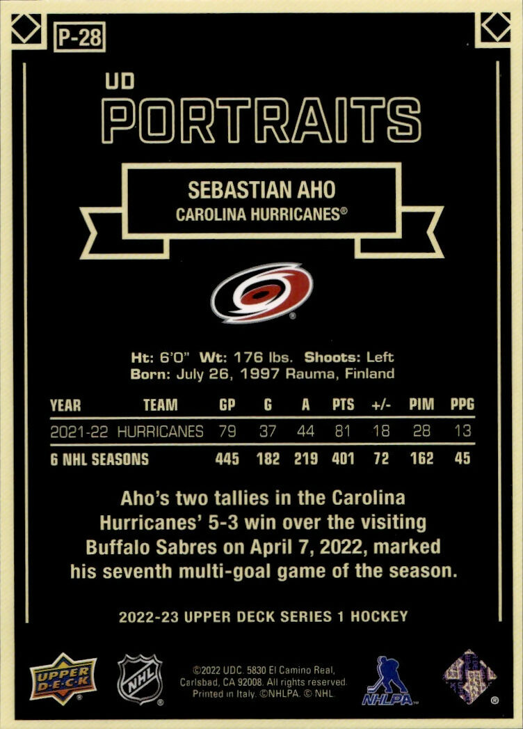 2022-23 Upper Deck Series 1 Hockey - Portraits #P-28 Sebastian Aho - Carolina Hurricanes - B