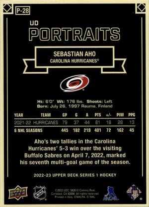 2022-23 Upper Deck Series 1 Hockey - Portraits #P-28 Sebastian Aho - Carolina Hurricanes - B