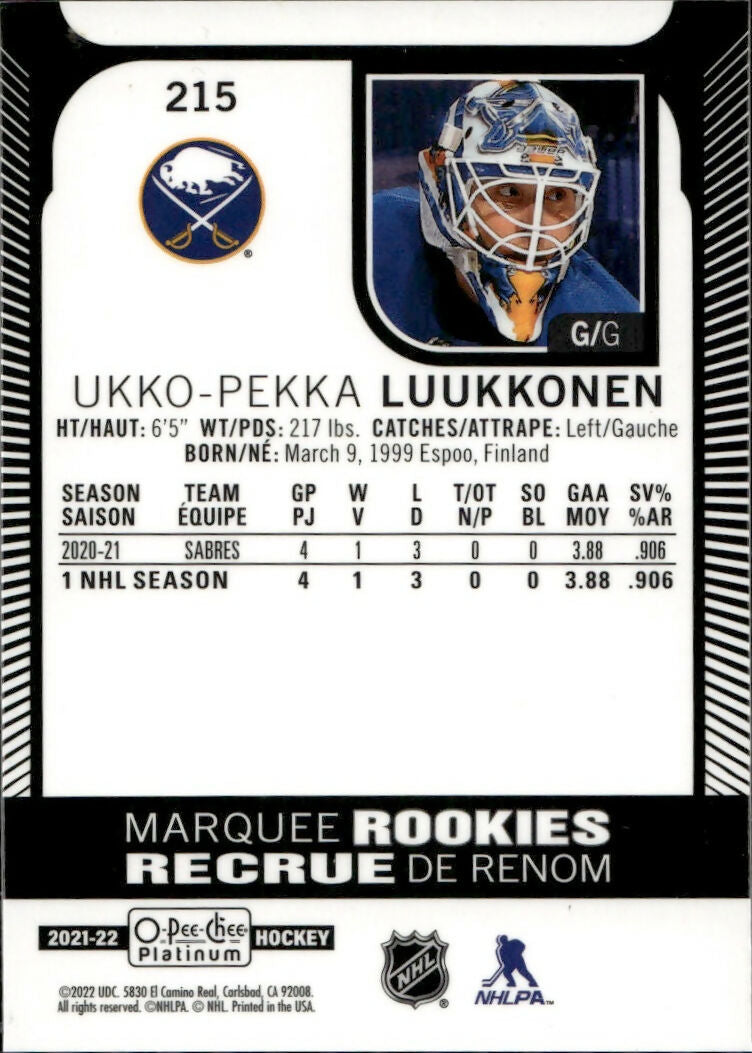 2021-22 Upper Deck O-Pee-Chee Platinum - Base - Marquee Rookie - #215 Ukko-Pekka Luukkonen - Buffalo Sabres - B