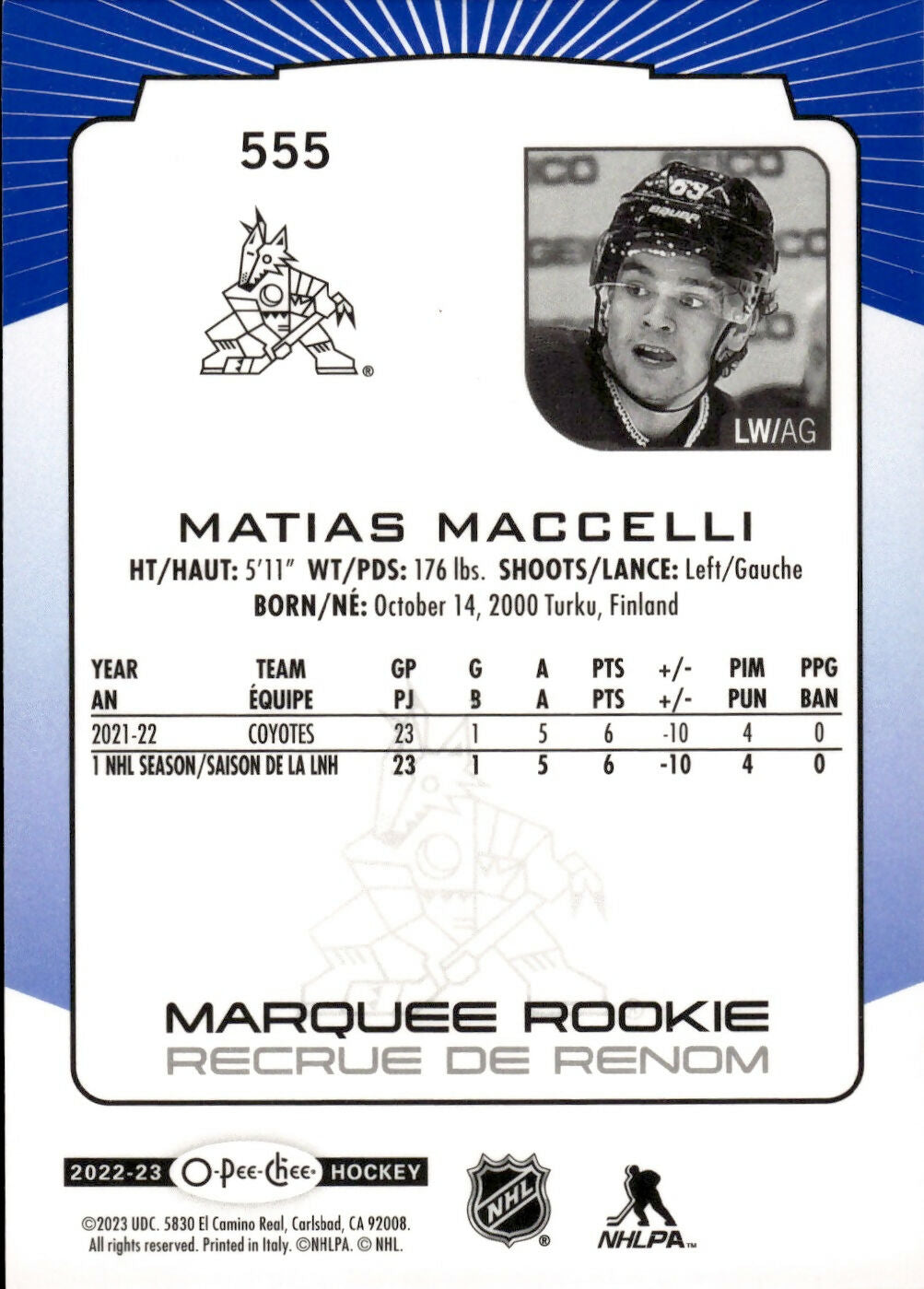 2022-23 Upper Deck O-Pee-Chee Hockey - Base - Blue - Marquee Rookie #555 Matias Maccelli - Arizona Coyotes