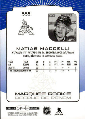 2022-23 Upper Deck O-Pee-Chee Hockey - Base - Blue - Marquee Rookie #555 Matias Maccelli - Arizona Coyotes