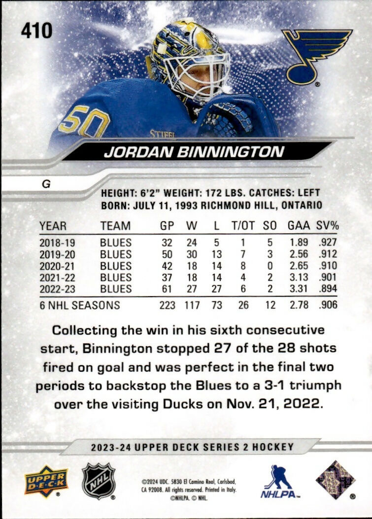 2023-24 Upper Deck Series 2 Hockey - Base #410 Jordan Binnington - St. Louis Blues