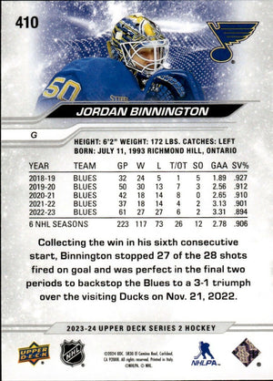 2023-24 Upper Deck Series 2 Hockey - Base #410 Jordan Binnington - St. Louis Blues