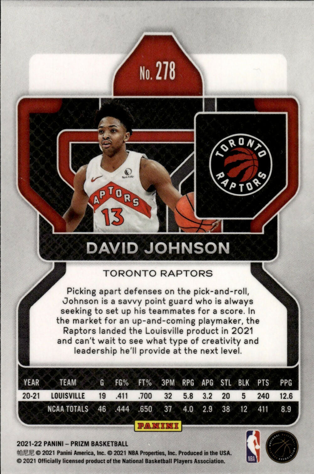 2021-22 Panini Prizm Basketball - Base - Rookie # 278 David Johnson - Toronto Raptors