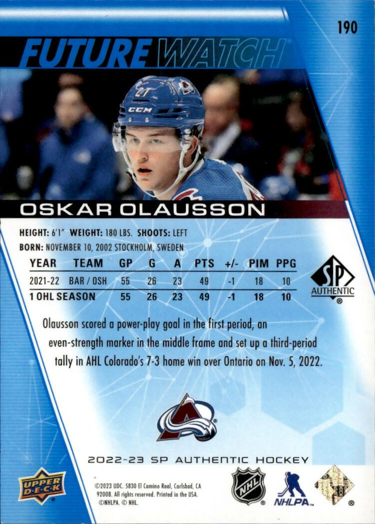 2022-23 Upper Deck SP Authentic Hockey - Base - Limited Blue :399 #190 Oskar Alausson - Colorado Avalanche - B