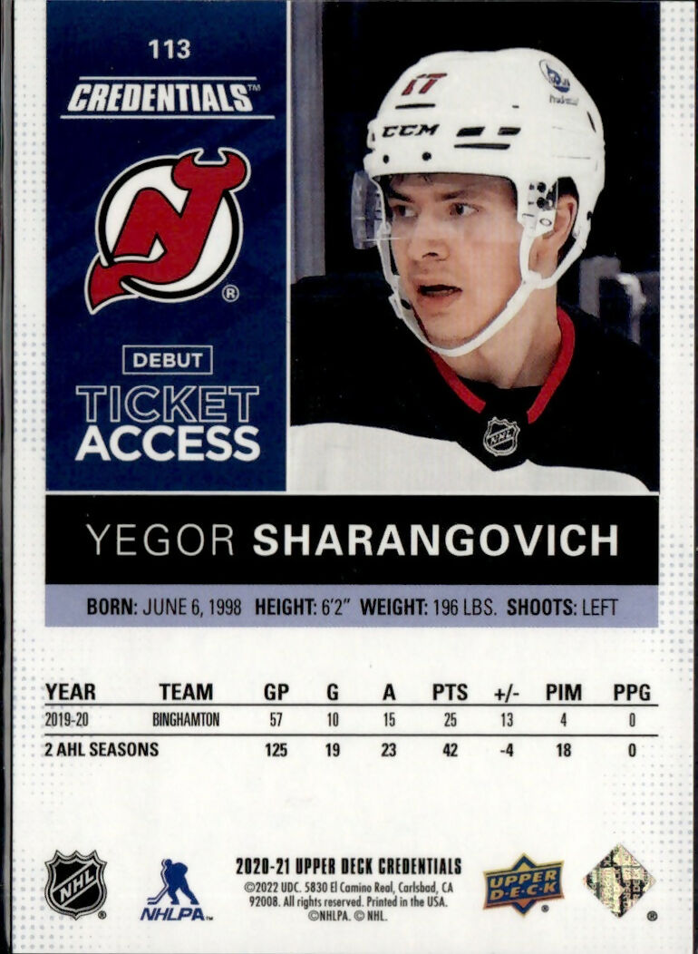 2021-22 Upper Deck Credentials 2020-21 Debut Ticket Access Blue #113 Yegor Sharangovich New Jersey Devils