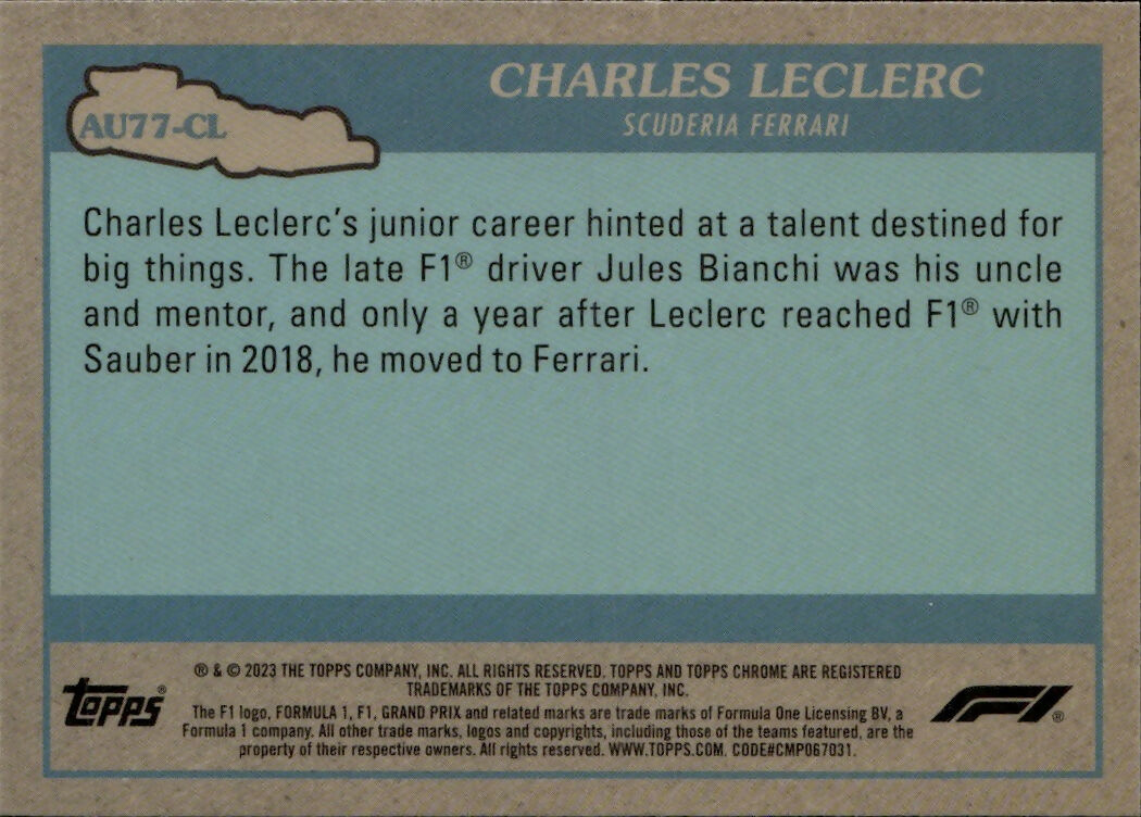 2023 Topps Chrome Formula 1 Autos of 1977 #AU77-CL Charles LeClerc - Scuderia Ferrari - B