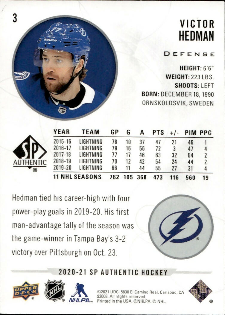 2020-21 Upper Deck Sp Authentic Hockey - Base #3 Victor Hedman - Tampa Bay Lightning - B