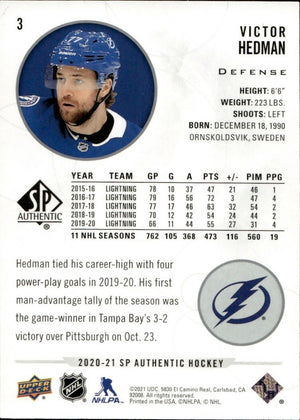 2020-21 Upper Deck Sp Authentic Hockey - Base #3 Victor Hedman - Tampa Bay Lightning - B