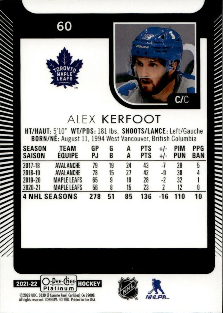 2021-22 Upper Deck O-Pee Chee Platinum Hockey - Base #60 Alex Kerfoot - Toronto Maple Leafs