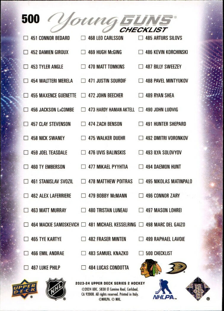 2023-24 Upper Deck Series 2 Hockey - Base - Young Guns #500 Checklist - Connor Bedard: Leo Carlsson - B
