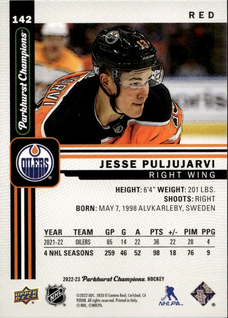 2022-23 Upper Deck Parkhurst Champions - Base - Red :51 #142 Jesse Puljujarvi - Edmonton Oilers - B