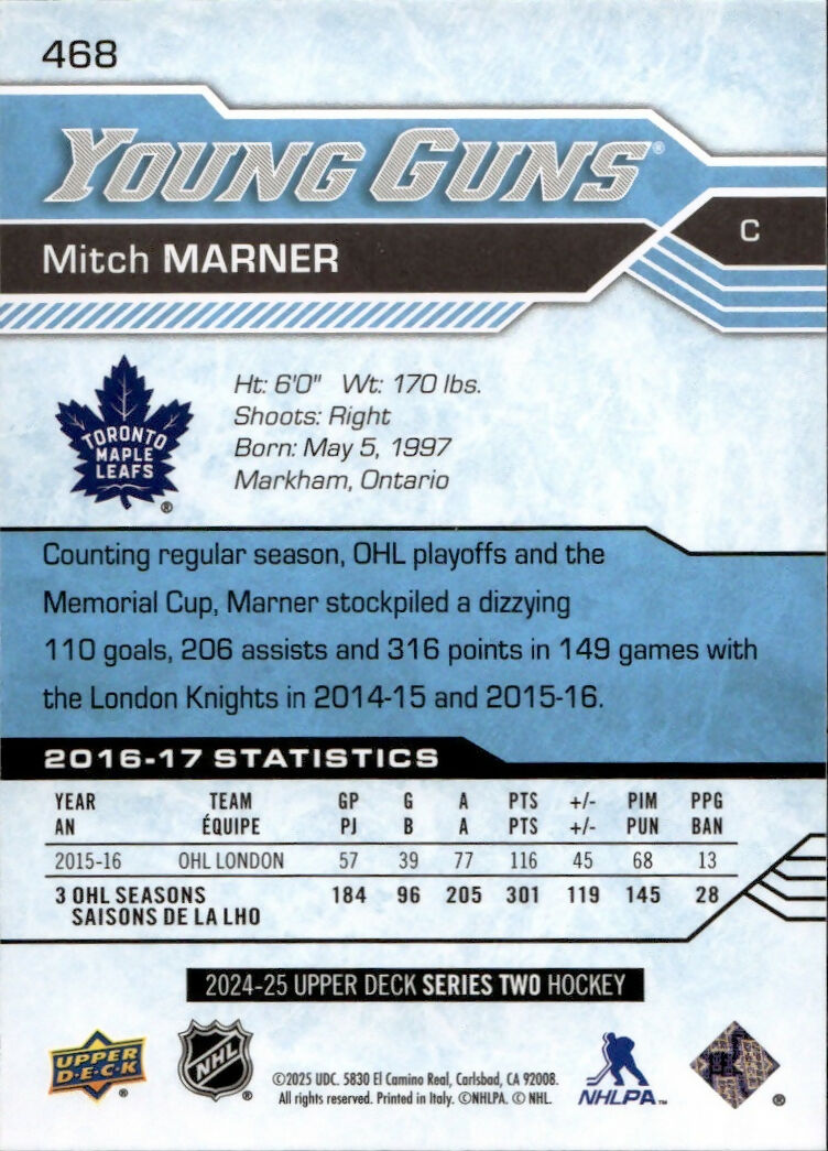 2024-25 Upper Deck Series 2 Hockey - Young Guns Renewed #468 Mitch Marner - Toronto Maple Leafs - B