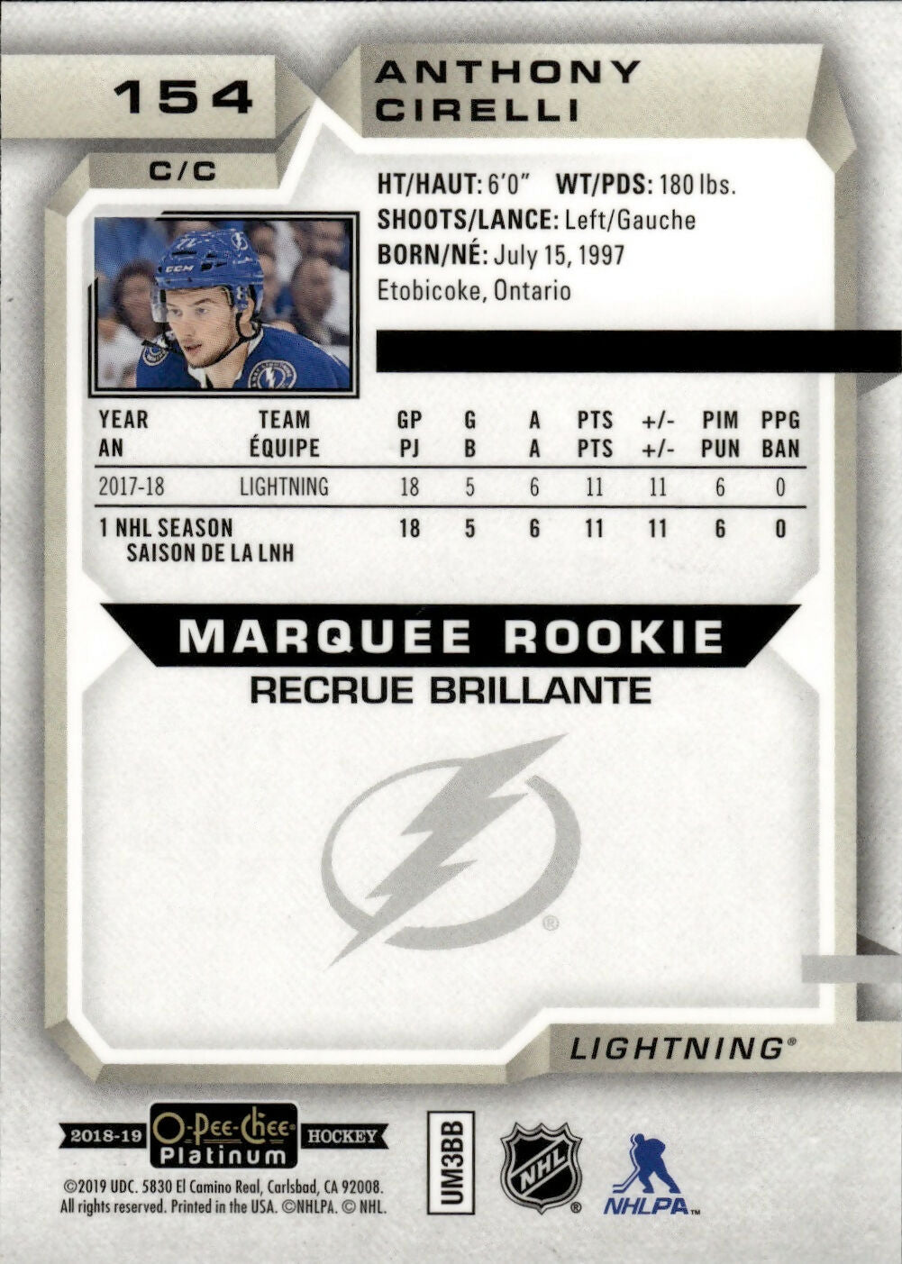 2018-19 O-Pee-Chee Platinum Hockey - Base - Marquee Rookie #154 Anthony Cirelli - Tampa Bay Lightning