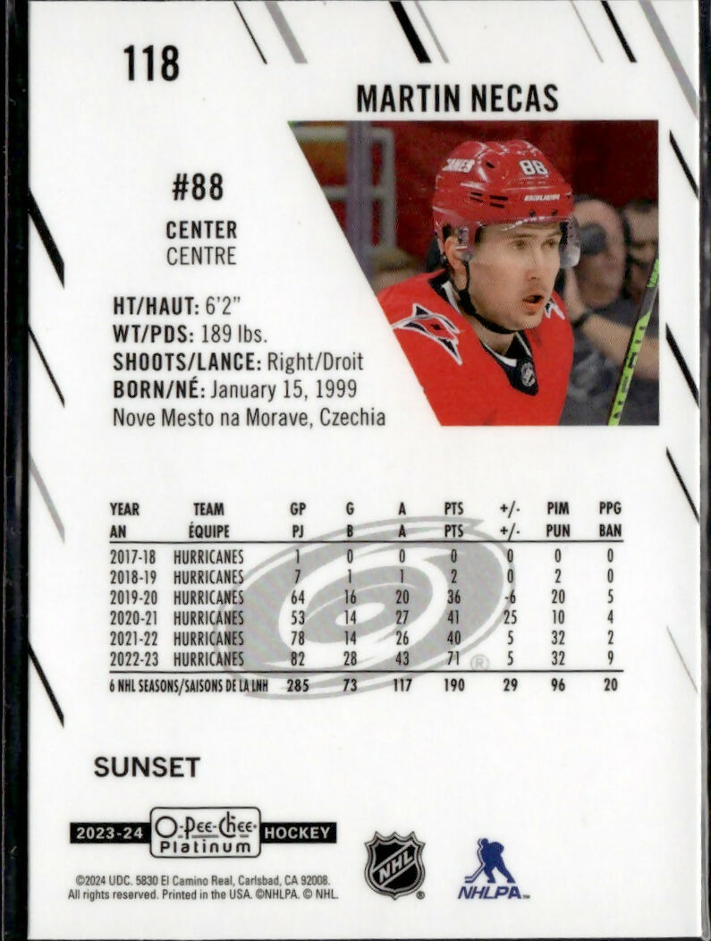 2023-24 Upper Deck O-Pee-Chee Platinum Hockey - Base - Sunset #118 Martin Necas - Carolina Hurricanes - B